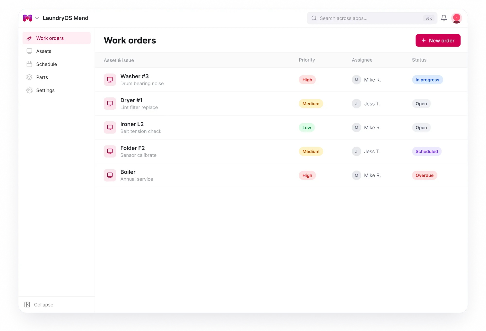 mend — Work-order board and technician view